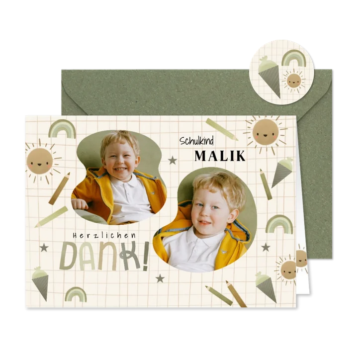Karte Danke Einschulung olivgrün, Fotos & kleine Symbole
