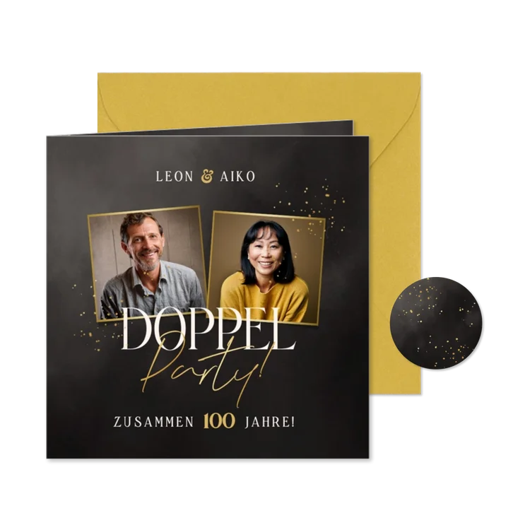 Karte Einladung Doppelgeburtstag mit Fotos Goldschrift