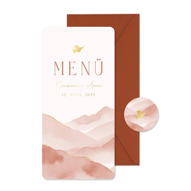 Karte Menü zur Kommunion Berge rosa Aquarell