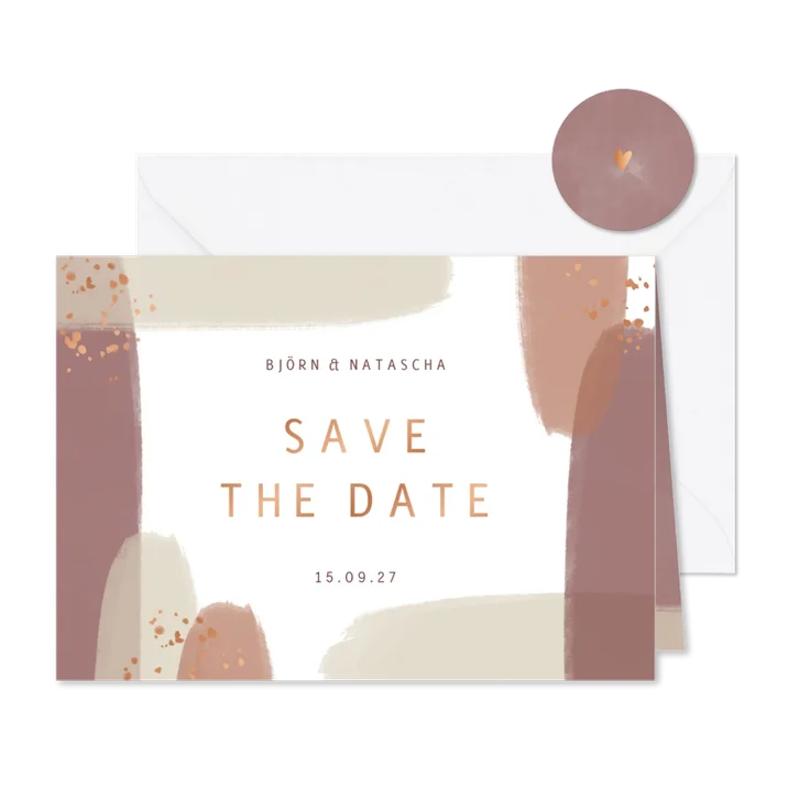 Karte 'Save the Date' Pinselstriche kupfer