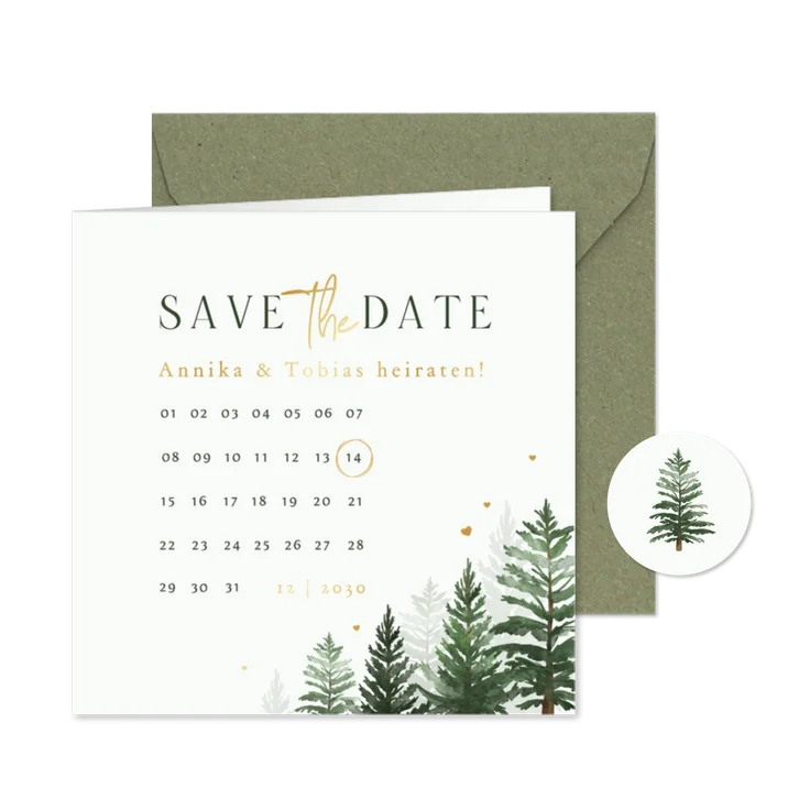 Karte Save-the-Date Winterhochzeit Tannenwald