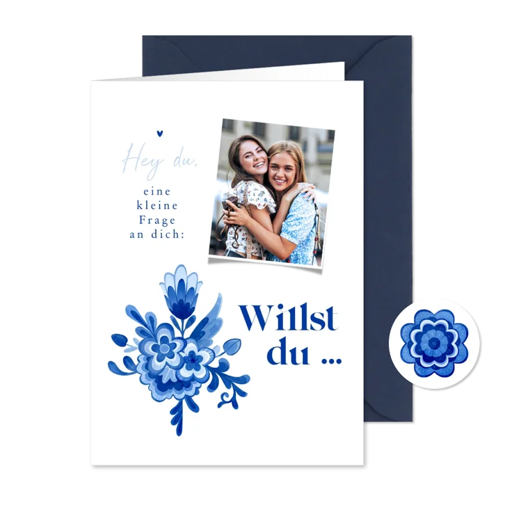 Karte Trauzeuge/Trauzeugin fragen Delfter Blau Blumendekor