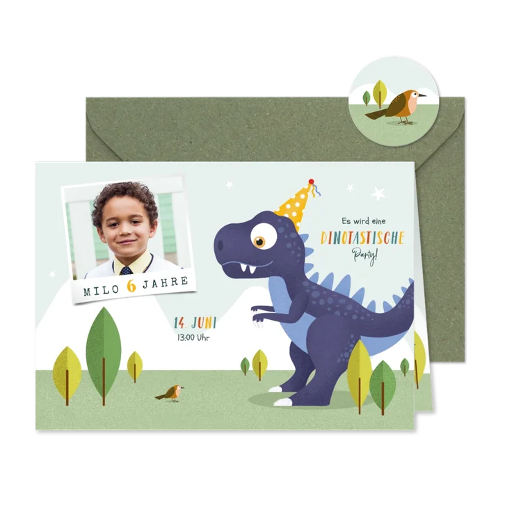 Kindergeburtstag Einladung Dinosaurier, Vogel & Foto