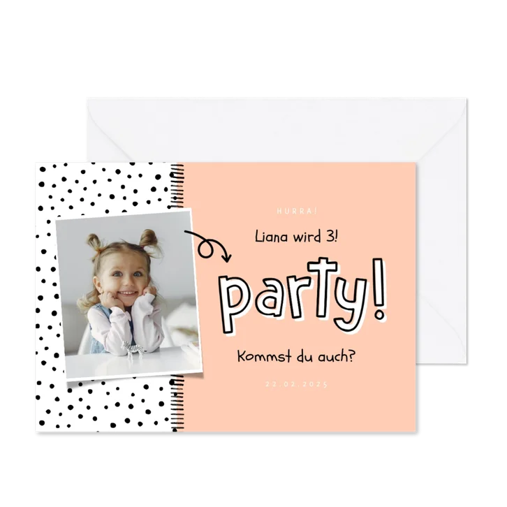 Kindergeburtstag Einladung eigenes Foto, Punkte und 'Party!'