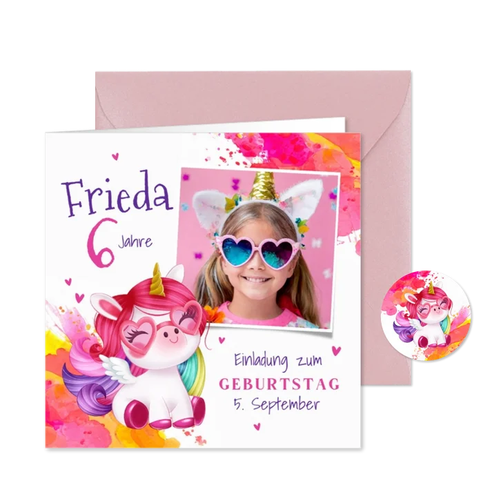 Kindergeburtstag Einladung Foto & buntes Einhorn mit Brille