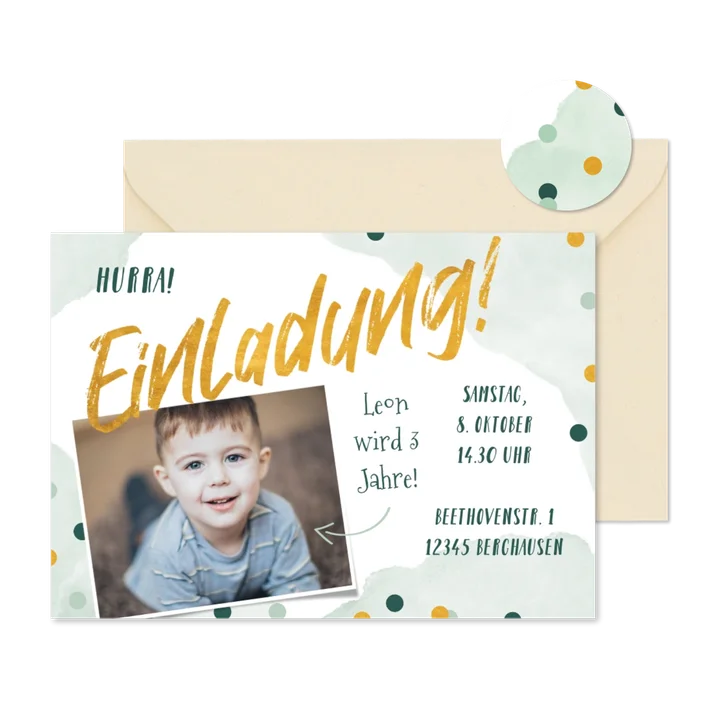 Kindergeburtstag Einladung Foto & Konfetti grün