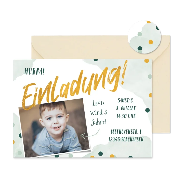 Kindergeburtstag Einladung Foto & Konfetti grün