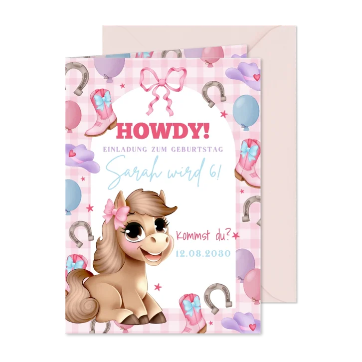 Kindergeburtstag Einladungskarte mit Pony 'Howdy'