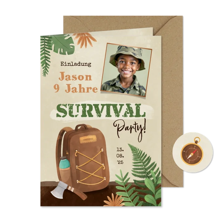 Kindergeburtstag Survival Outdoor Einladung mit Foto