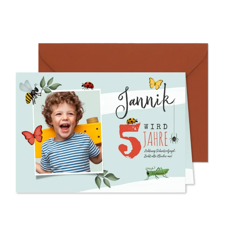 Kindergeburtstags-Einladung Foto & Insekten 5 Jahre