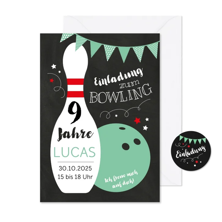 Kindergeburtstagseinladung Bowling grün 9 Jahre