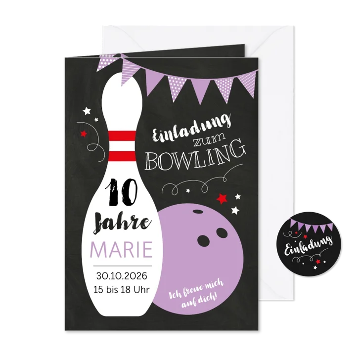 Kindergeburtstagseinladung Bowling lila 10 Jahre
