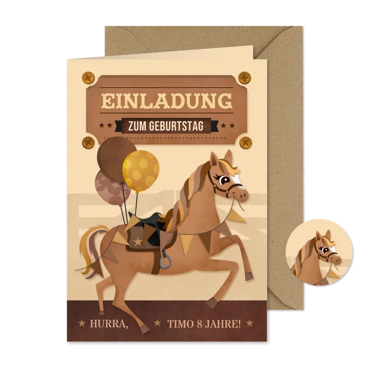 Kindergeburtstagseinladung braunes Pferd mit Luftballons