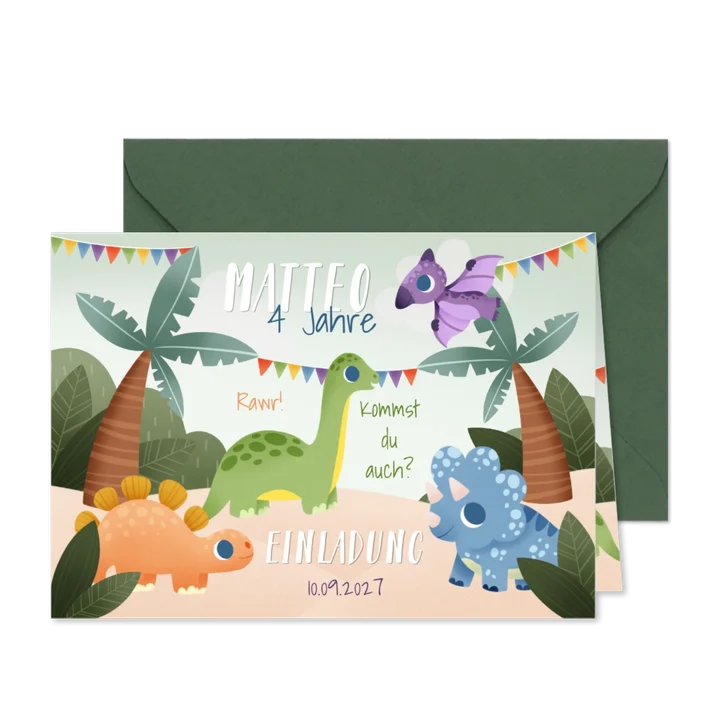 Kindergeburtstagseinladung bunte Dinos 4 Jahre