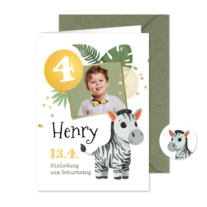 Kindergeburtstagseinladung Foto & Zebra 4. Geburtstag