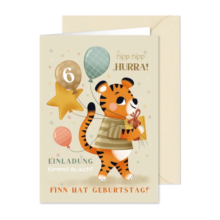 Kindergeburtstagseinladung Tiger mit Luftballons 6 Jahre