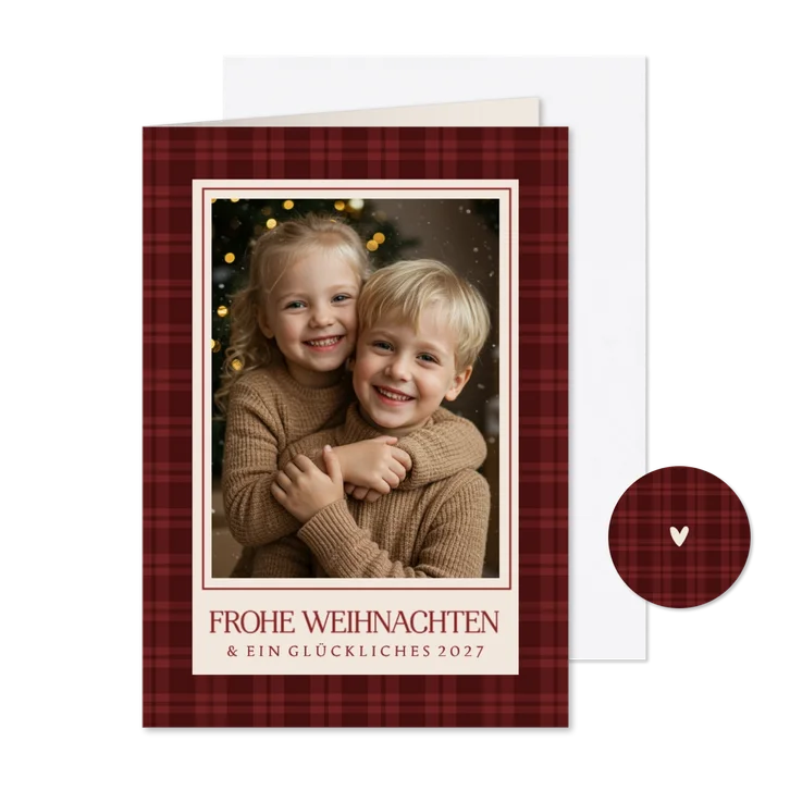 Klassische Weihnachtskarte Tartan dunkelrot mit Foto