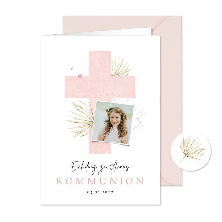 Kommunioneinladung Foto & rosa Kreuz