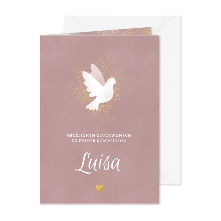 Kommunions-Glückwunschkarte Taube altrosa