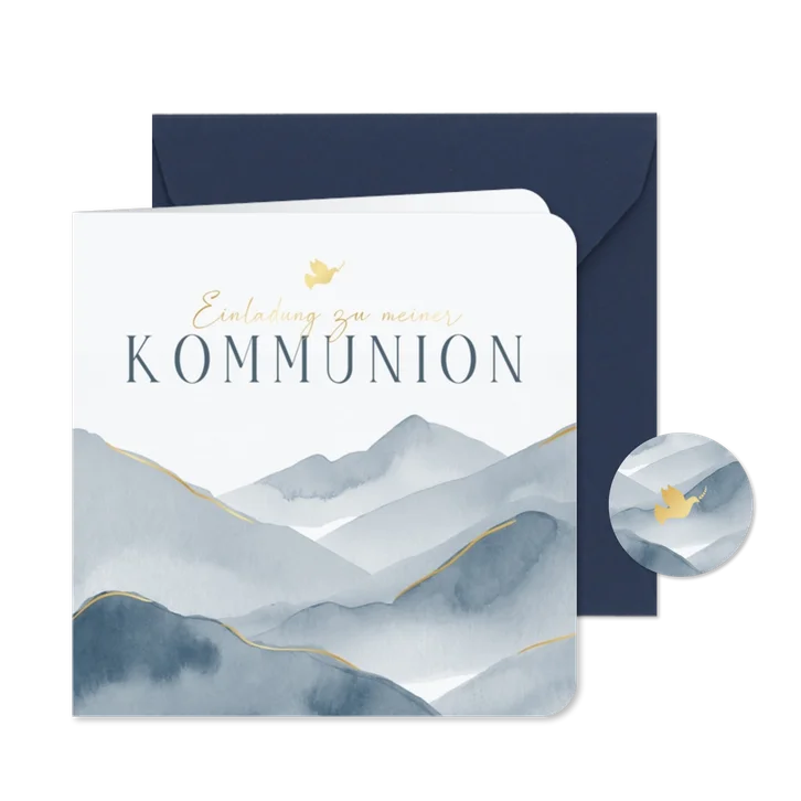 Kommunionseinladung Berge blaues Aquarell