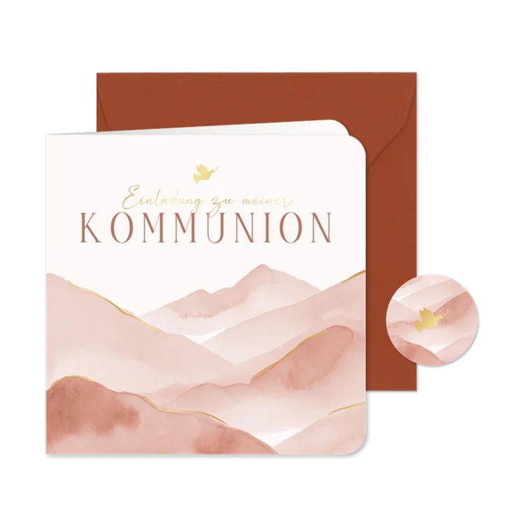 Kommunionseinladung Berge rosa Aquarell