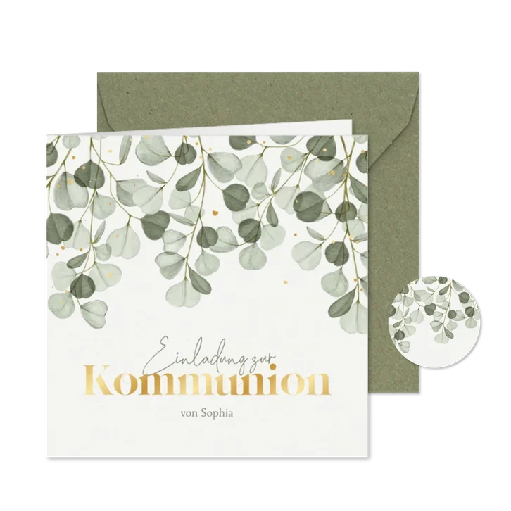 Kommunionseinladung Eukalyptus & Golddruck