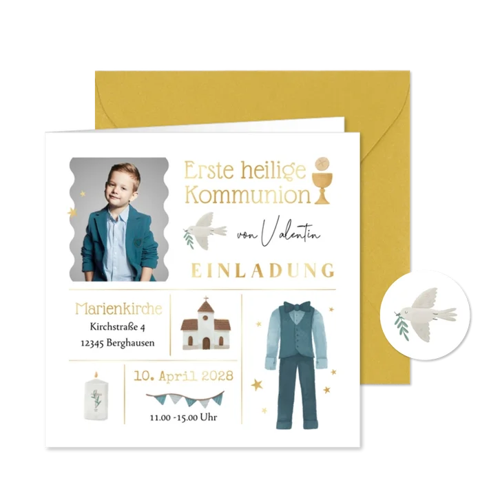 Kommunionseinladung Kommunionsanzug & Foto