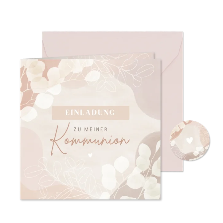 Kommunionskarte Blätter in rosa Pastell