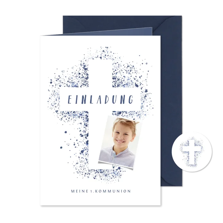Kommunionskarte eigenes Foto Kreuz blau Farbspritzer