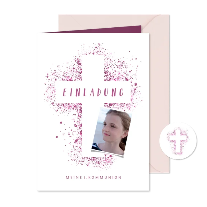 Kommunionskarte eigenes Foto Kreuz pink Farbspritzer