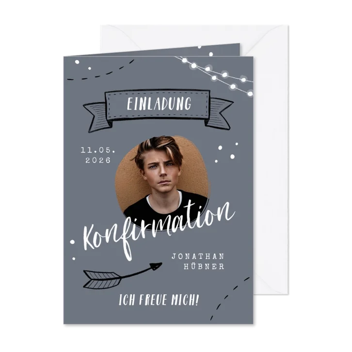 Konfirmationseinladung Foto & Scribbles grau