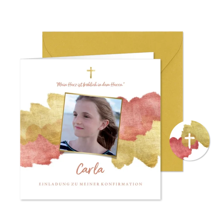 Konfirmationseinladung Foto Wasserfarbe rosa metallic