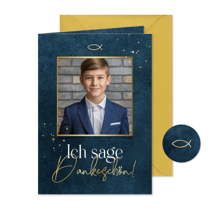 Konfirmationskarte Danksagung Foto, Goldschrift dunkelblau