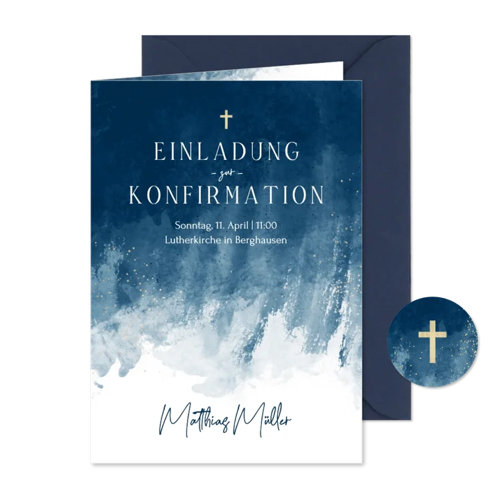 Konfirmationskarte Junge Auqarell modern dunkelblau