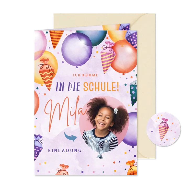 Lila Einladung zur Einschulung Ballons & Schultüten