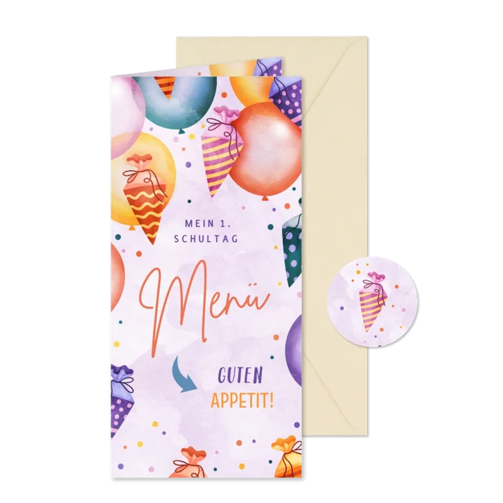 Lila Menükarte Einschulung Ballons & Schultüten