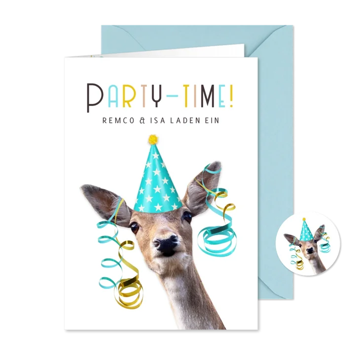 Lustige Einladung 'Party-Time' Reh mit Lutschlangen
