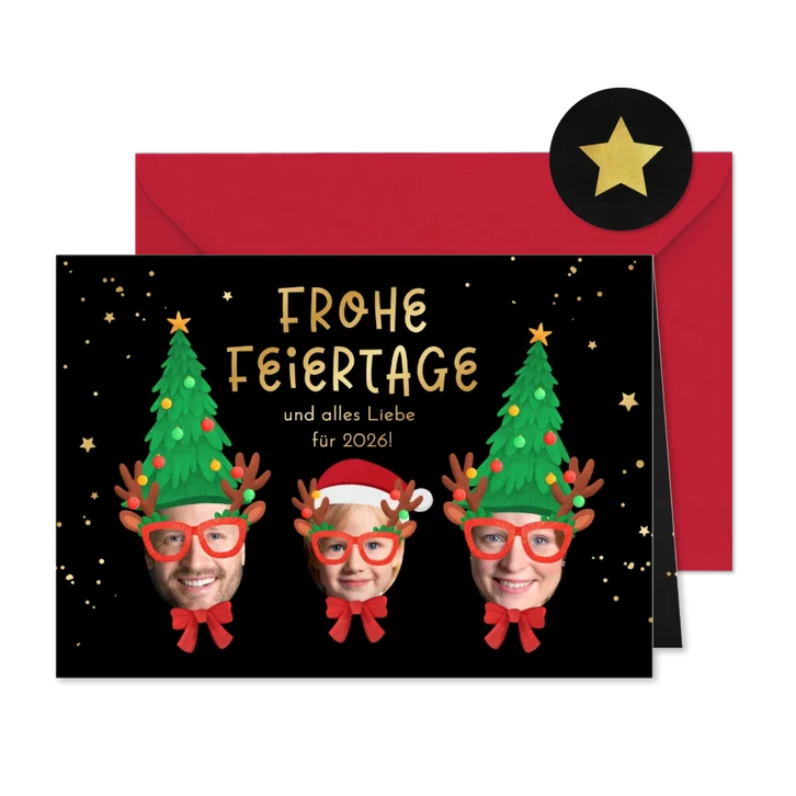 Lustige Weihnachtskarte 3 Porträts mit Hüten und Brillen
