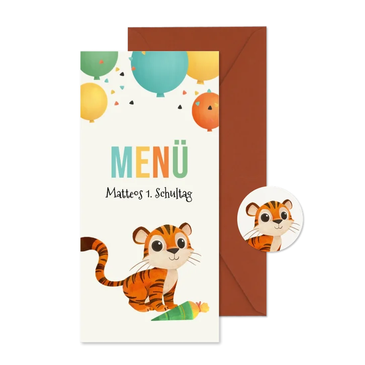 Menükarte 1. Schultag Tiger & Luftballons