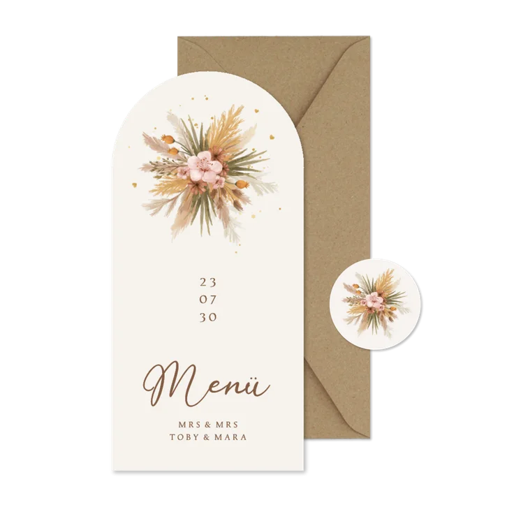 Menükarte Boho-Hochzeit Blumenstrauß Trockenblumen Bogen