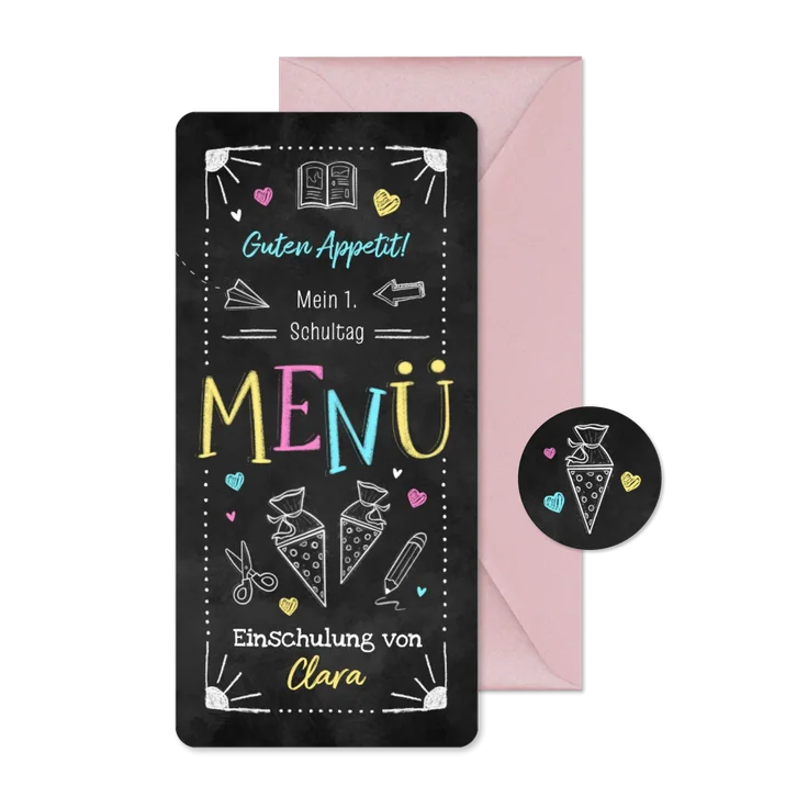 Menükarte Einschulung bunte Kreide Doodles