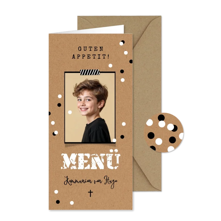 Menükarte Foto Kommunion Kraftpapier Konfetti