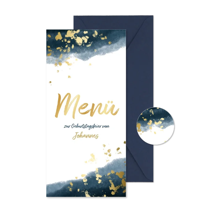 Menükarte Geburtstag dunkelblau Aquarell Goldsprenkel