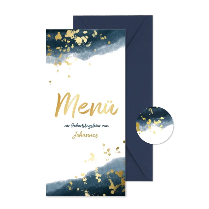 Menükarte Geburtstag dunkelblau Aquarell Goldsprenkel