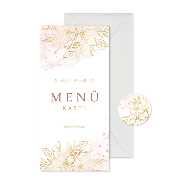Menükarte goldene Blumen auf Aquarelloptik