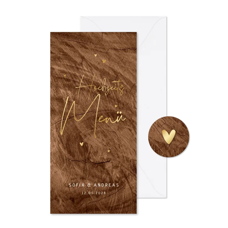 Menükarte Hochzeit Goldschrift auf Holz