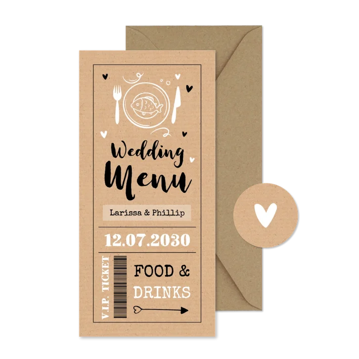 Menükarte Hochzeit Ticket Kraftpapierlook