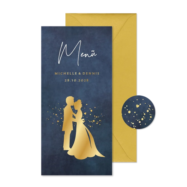 Menükarte Hochzeitsessen Brautpaar Scherenschnitt gold