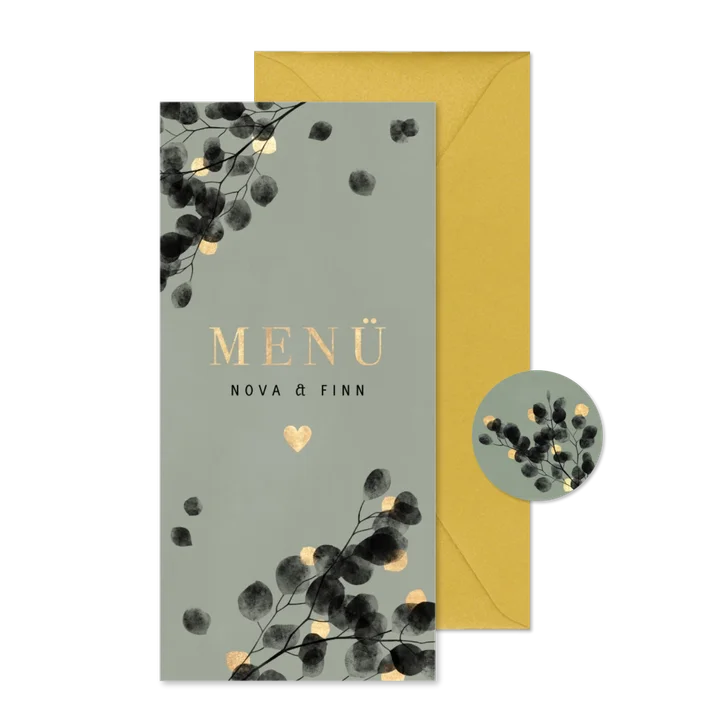 Menükarte Hochzeitsfeier Eukalyptus schwarz