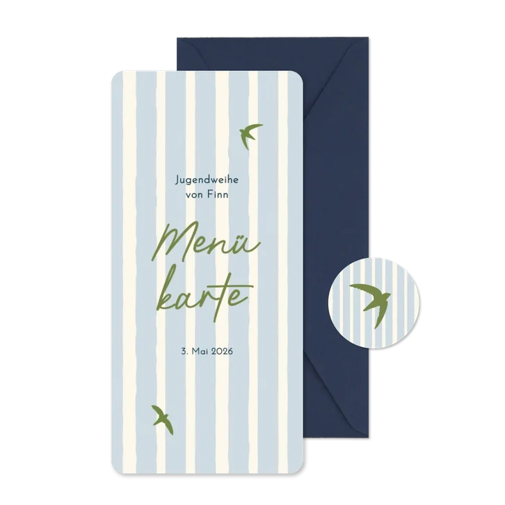 Menükarte Jugendweihe Vögel blau gestreift 